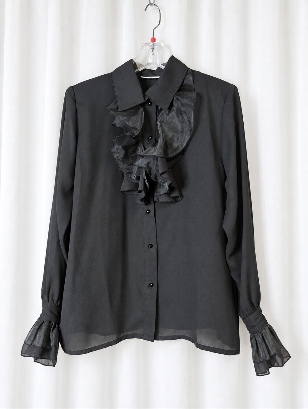 Karen Scott Vintage Black Semi Sheer Tuxedo Ruffle Button Front Dressy Blouse